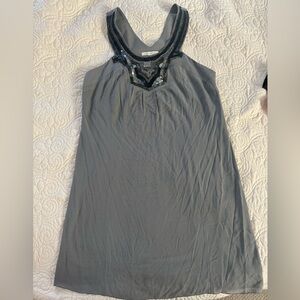 Gray dress w beaded neckline.